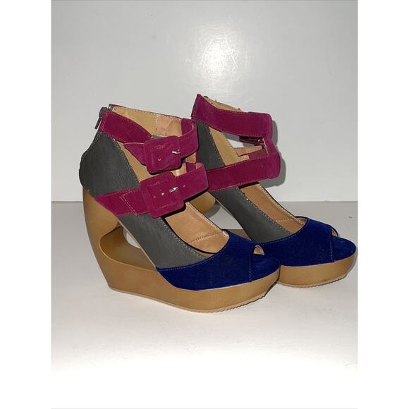 Qupid LISBETH shoes Women Sz 6.5 Ankle Strap Buckle Wedge Platform Sandals Blue - Picture 3 of 12